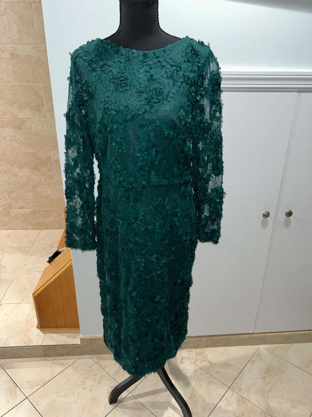 Xscape Women's Long Sleeve Raised Floral Lace Midi Length Dress, Emerald Green